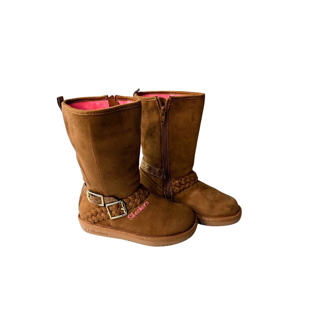 Skechers Toasty Toes Kids Brown Faux Suede Glitter Buckle Boots Zip Up Sz 12